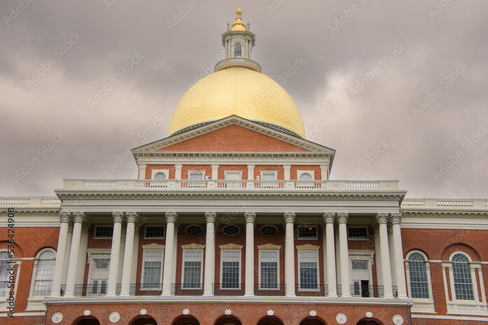 View of the Massachusetts State House located in Boston, USA, in the Beacon Hill neighborhood