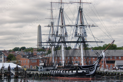 View of Boston's Bunker Hill monument and the USS Constitution from the city's harbor