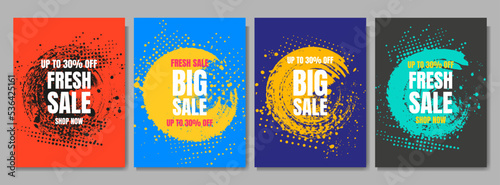 Vector illustration. Colorful sale background. Ink brush stroke posters. Paint splash effect. Abstract art frames collection. Design elements for poster, cover, magazine, headline, layout, brochure
