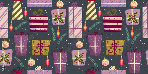 Cartoon seamless pattern christmas holiday. Vector cartoon xmas seamless pattern. Festive gift box. Holiday background.