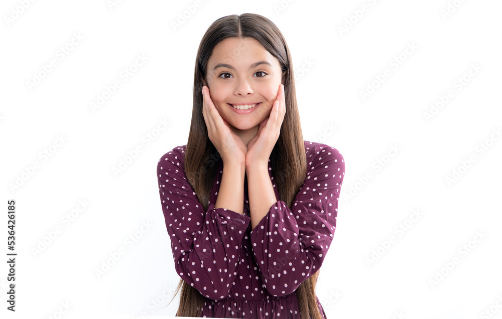 Portrait of happy smiling teenage child girl. Cute preteen girl head shot. Child portrait on white isolated background. Beautiful teenager face. Portrait of happy smiling teenage child girl. Cute preteen girl head shot. Child portrait on white isolated background. Beautiful teenager face.