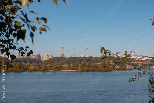 Aerial view from Rusanovka Island to the right bank of the business and historical capital of the city. Ukraine, Kyiv photo