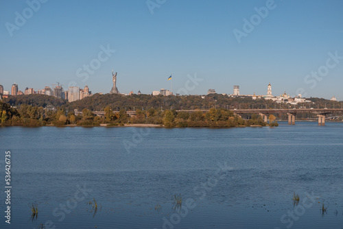Aerial view from Rusanovka Island to the right bank of the business and historical capital of the city. Ukraine, Kyiv