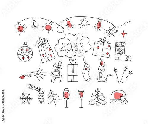 Christmas icons, badges in doodle style. Holiday, New Year, Christmas. Festive design, vector cartoon drawings. Christmas trees, gifts, garland, candle. Wine, champagne in glasses.