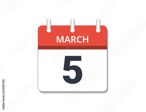 March, 5th calendar icon vector.