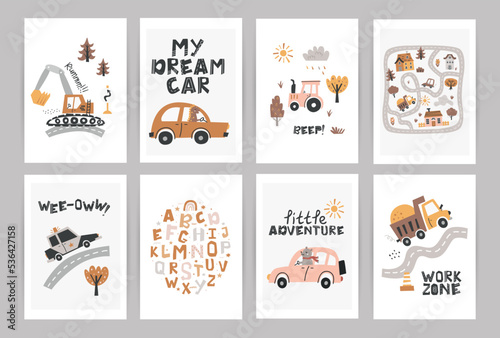 Set of boho posters with cute nursery cars.