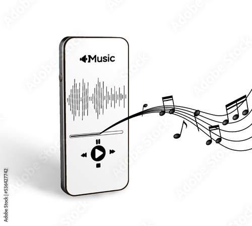 Music icon. Audio equipment with beats, notees, headphones, music application on mobile smartphone screen. Radio recording sound voice isolated on white background. Broadcast media music concept.