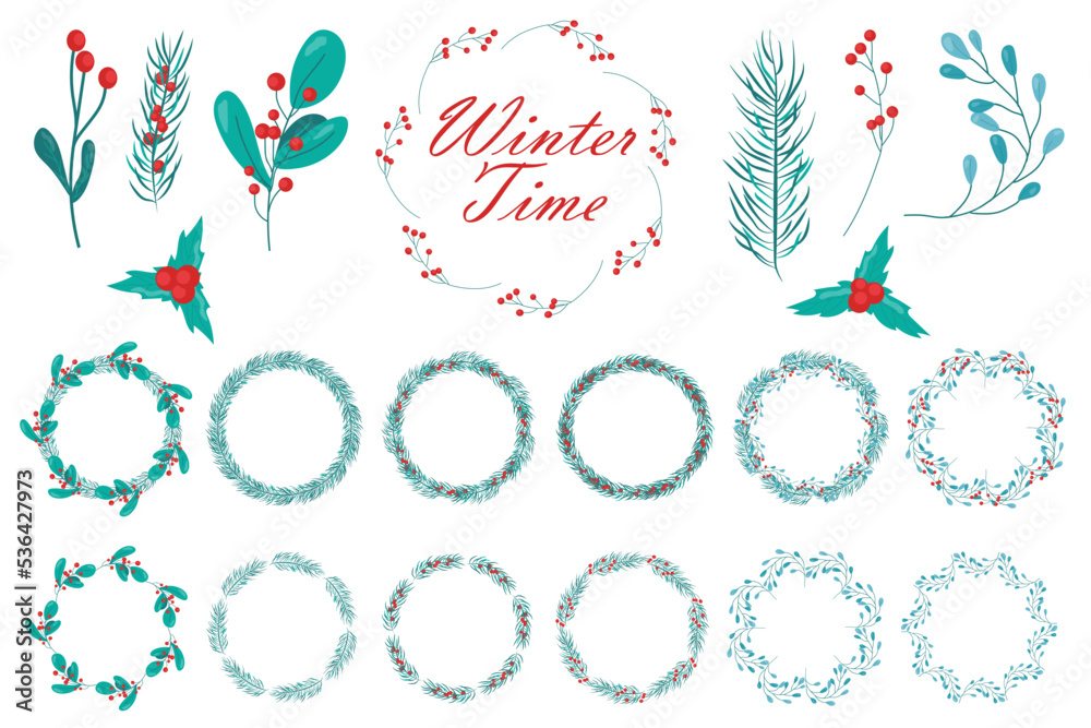 Set of winter elements spruce branches, red berries, eucalyptus. Botanical illustration for the design of Christmas stickers, postcards, banners, emblems, invitations. Celebrating the new year 2023 Set of winter elements spruce branches, red berries, eucalyptus. Botanical illustration for the design of Christmas stickers, postcards, banners, emblems, invitations. Celebrating the new year 2023