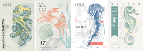 Obraz Poster. Octopus, crab, shells, jellyfish, seahorse. Typography, vintage. Set of vector illustrations. Engraving, pencil style. Cover art, t-shirt print, banner.