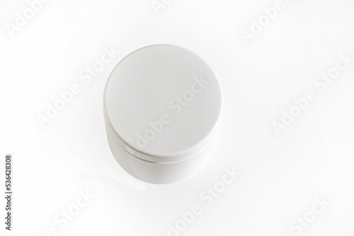 template white round closed jar on a white background, top view, horizontal,