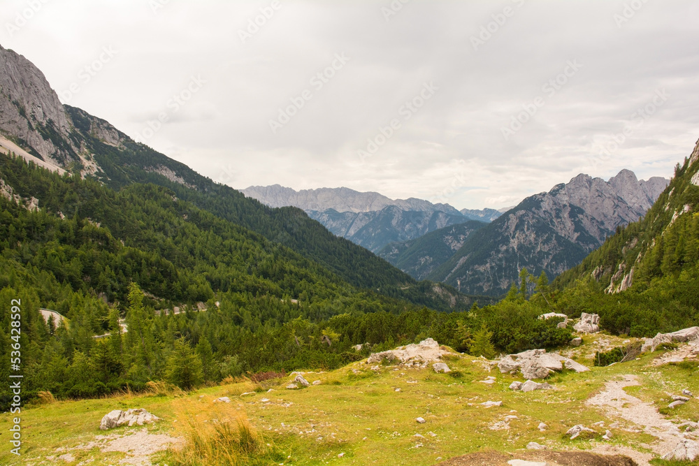 The landscape at the Vrsic Pass in north west Slovenia. It is the highest mountain pass in Slovenia
