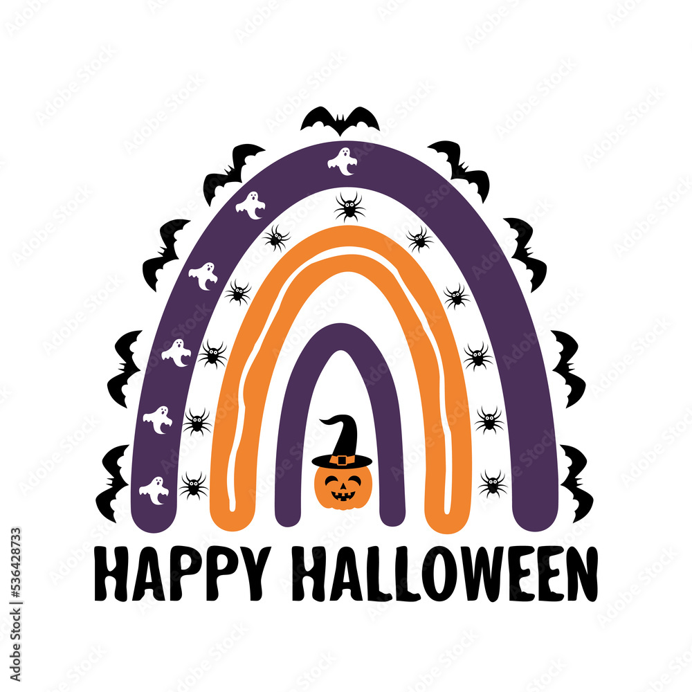 Happy Halloween. Cute Halloween rainbow. Vector template for banner, poster, greeting card, flyer, sticker, clothes, etc