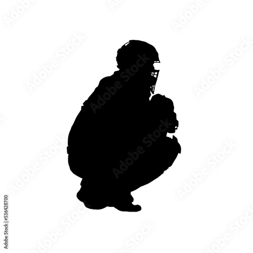Baseball catcher silhouette vector illustration. Player in a squatting pose