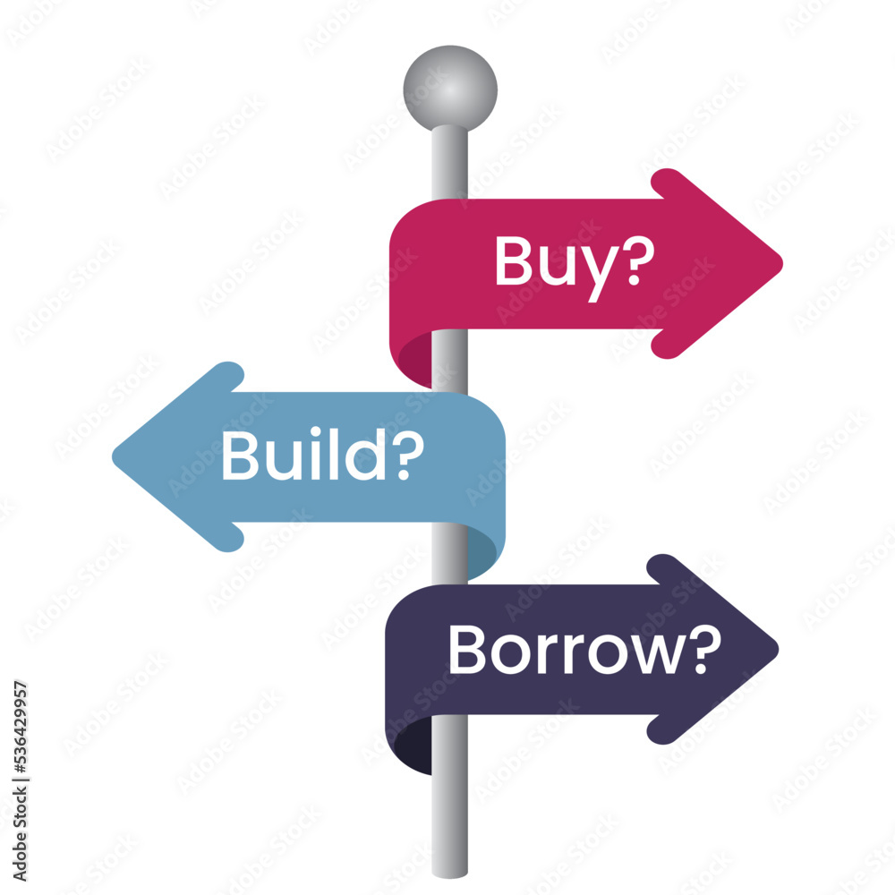 Buy Build or Borrow Business Strategy Analysis vector illustration graphic Buy Build or Borrow Business Strategy Analysis vector illustration graphic
