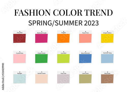 Fashion Color Trend Spring - Summer 2023. Trendy colors palette guide. Fabric swatches with color names. Easy to edit vector template for your creative designs