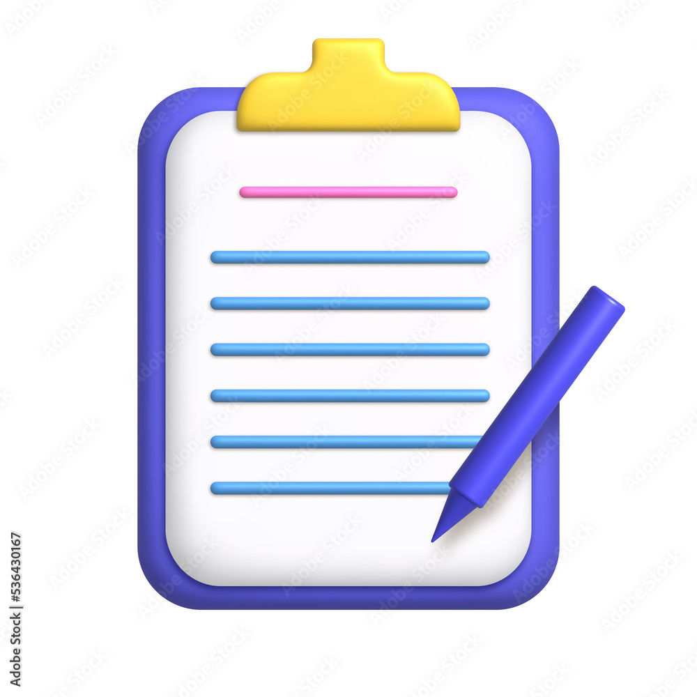Document 3D Icon. White sheet of paper on clipboard. Document with pen. business concept. 3d realistic Document 3D Icon. White sheet of paper on clipboard. Document with pen. business concept. 3d realistic