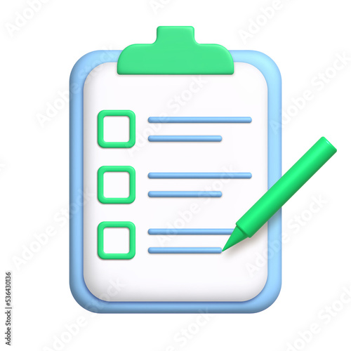 Document 3d icon. To-do list on clipboard with pen. 3d realistic design element.