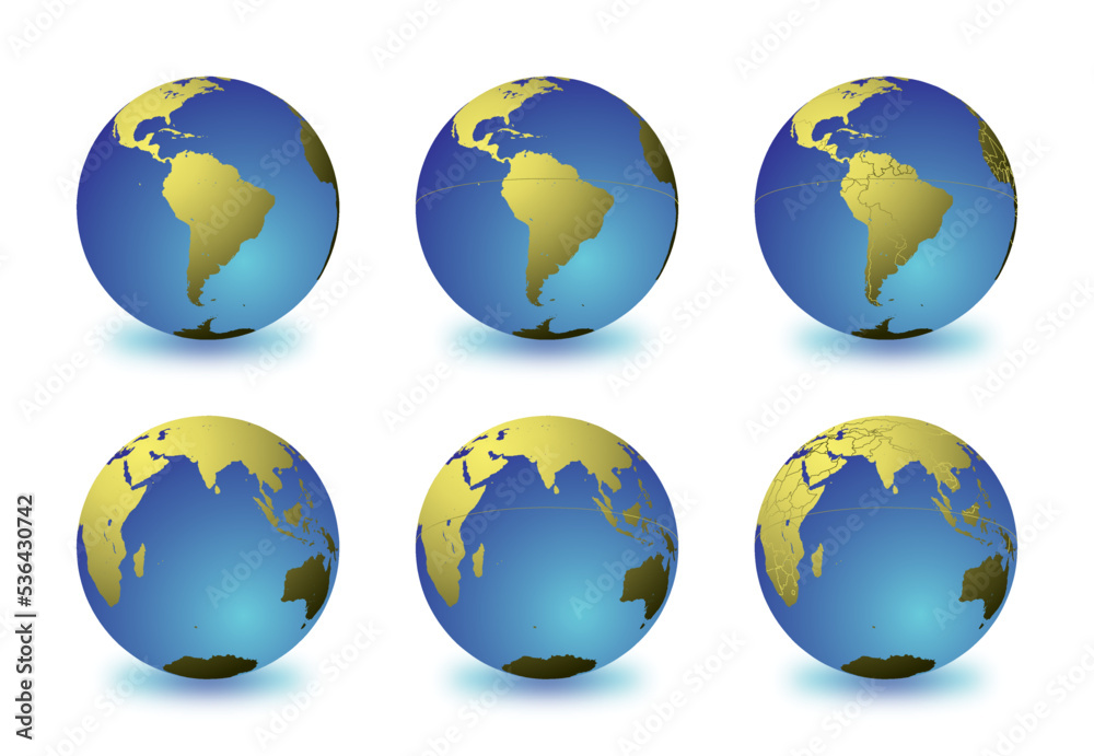 Set of Earth globes focusing on the South America (top row) and the Indian Ocean (bottom row). Carefully layered and grouped for easy editing. You can edit or remove separately the sphere, the lands, 