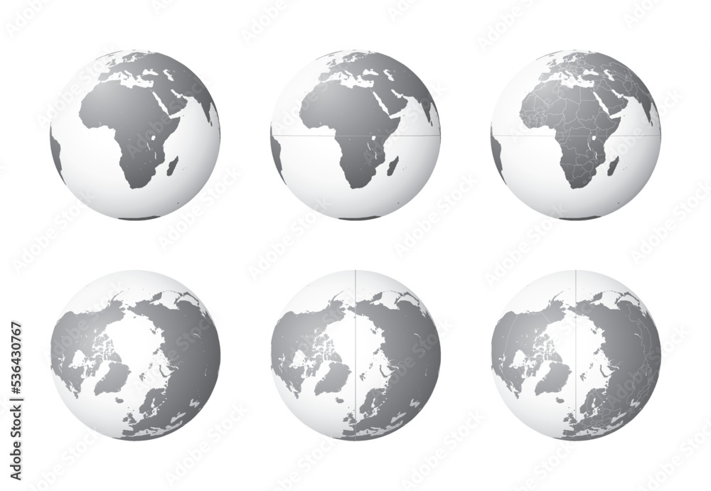 Set of Earth globes focusing on the Africa (top row) and the Arctic (bottom row). Carefully layered and grouped for easy editing. You can edit or remove separately the sphere, the lands, the borders o