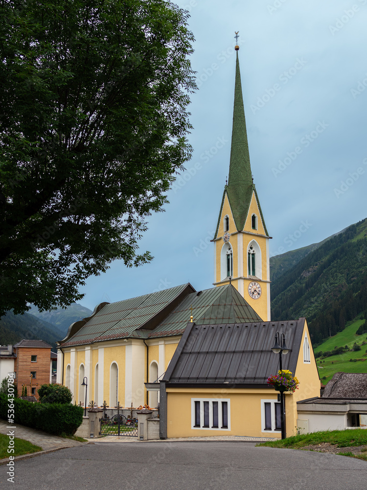 Ischgl, Austria - July 25, 2022: Parish Church of Saint Nicholas in Ischgl