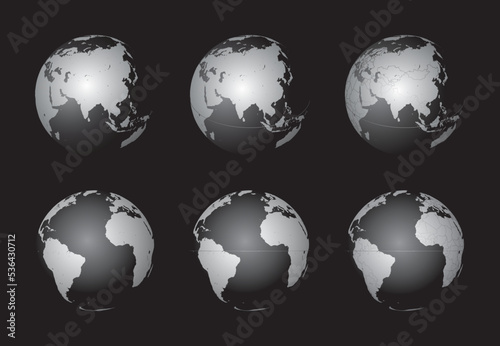 Set of Earth globes focusing on the Asia (top row) and the Atlantic Ocean (bottom row). Carefully layered and grouped for easy editing. You can edit or remove separately the sphere, the lands, the bor