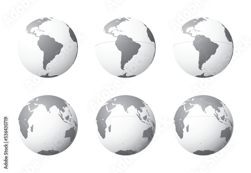 Set of Earth globes focusing on the South America  top row  and the Indian Ocean  bottom row . Carefully layered and grouped for easy editing. You can edit or remove separately the sphere  the lands  