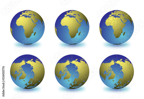 Set of Earth globes focusing on the Africa  top row  and the Arctic  bottom row . Carefully layered and grouped for easy editing. You can edit or remove separately the sphere  the lands  the borders o