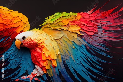 Illustration of colorful parrot flying up in paint splashes. Majestic, tropical, exotic bird spreading wide wings. Dripping oil and water painting of a wild animal. Watercolor drawing. 3D illustration