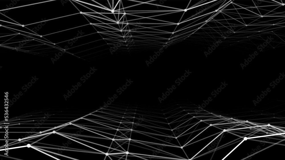 Abstract futuristic infinite way. Dynamic wireframe on the dark background. Fantasy fractal with lines and dots. Deep wormhole with particle flow. Vector illustration. Abstract futuristic infinite way. Dynamic wireframe on the dark background. Fantasy fractal with lines and dots. Deep wormhole with particle flow. Vector illustration.
