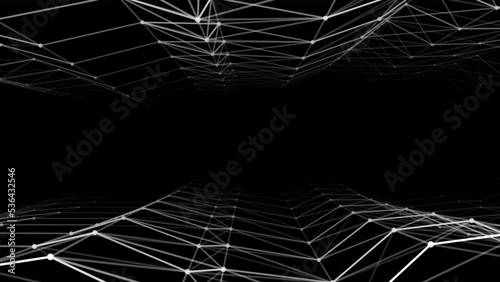 Abstract futuristic infinite way. Dynamic wireframe on the dark background. Fantasy fractal with lines and dots. Deep wormhole with particle flow. Vector illustration.