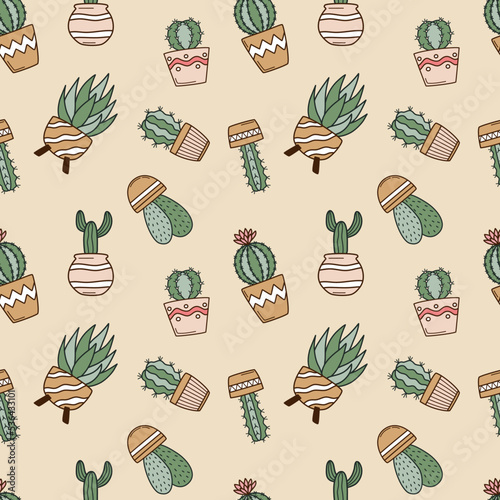 Seamless pattern with cute cacti in flower pots