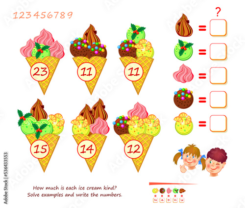 Mathematical logic puzzle game for smartest. How much is each ice cream kind? Solve examples and write the numbers. Find solution for all cones. Brain teaser book. Count and play. Online education.
