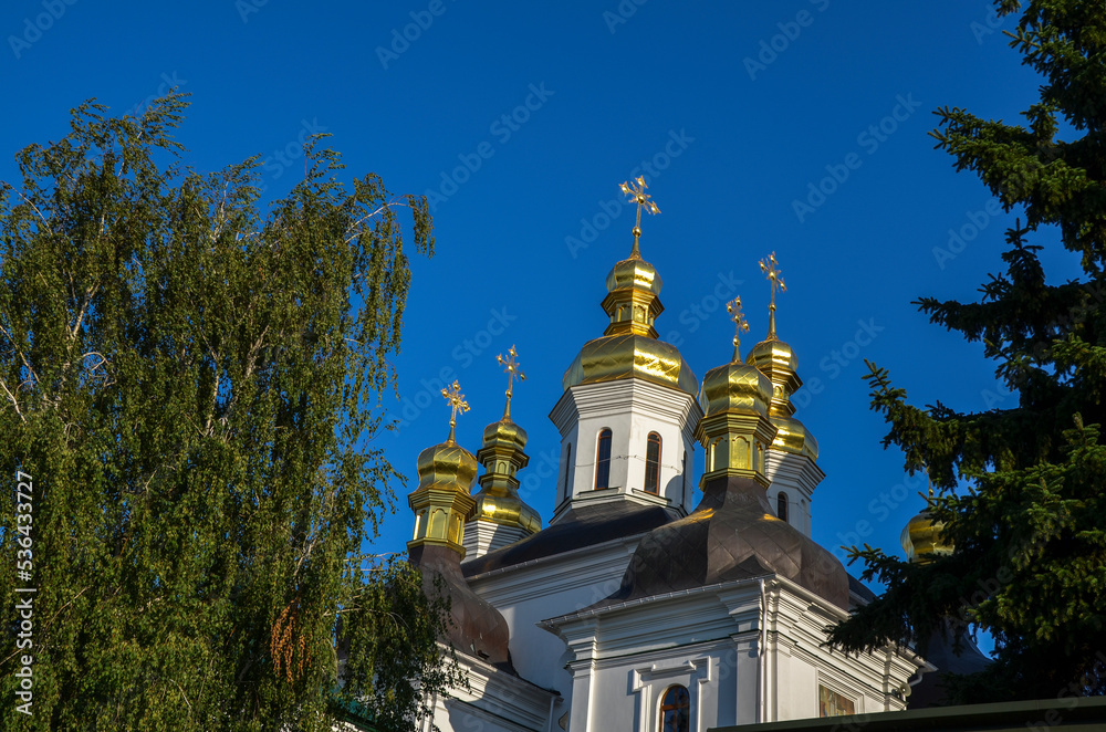 Golden cupolas of Church of the Nativity of the Blessed Virgin Mary in Kyiv Pechersk Lavra monastery, Ukraine