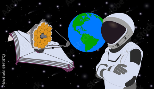 Space Astronaut in new space suit in a front of with James Webb space telescope. Elements of this vector illustration were furnished by NASA