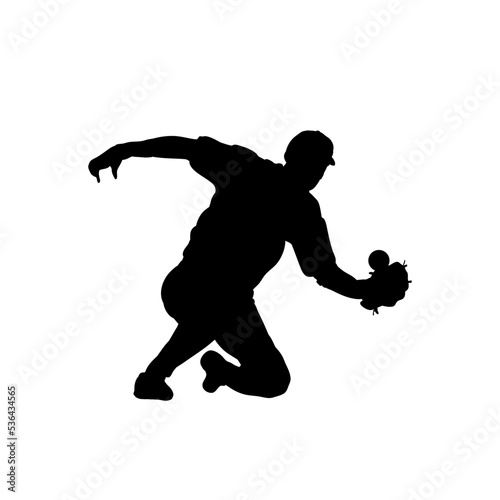 Baseball player catching ball, silhouette vector illustration. Dynamic pose of a fielder.