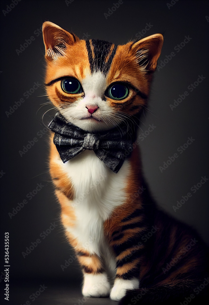 Cute cat with a bow and big eyes. Adorable fluffy kitten illustration ...