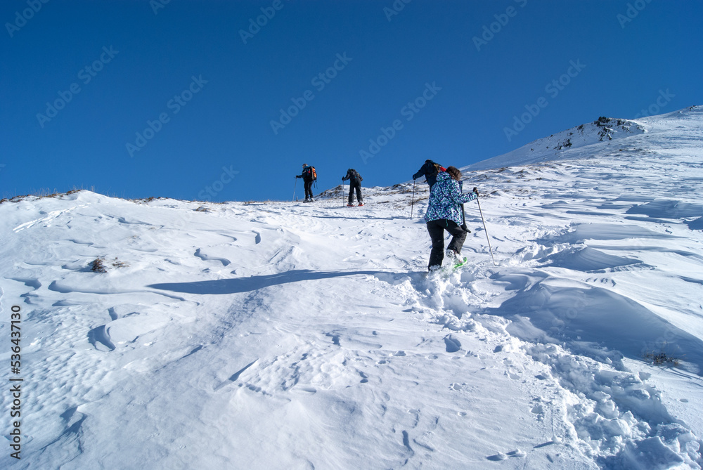 Walking on snow with snowshoes