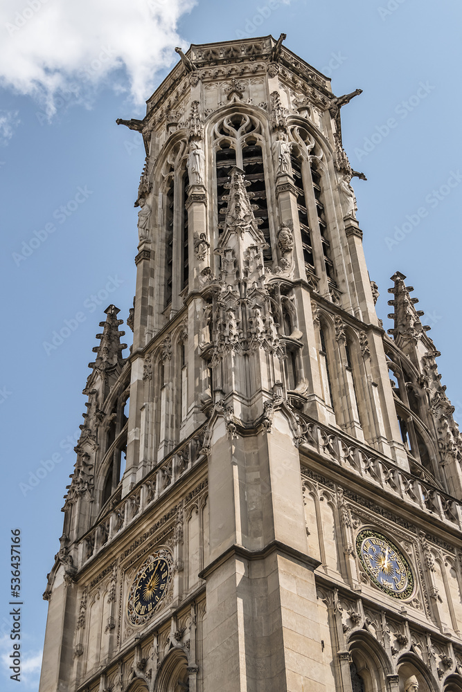 Church Saint-Germain-l'Auxerrois, Place du Louvre in Paris. Founded in 7th century, church was rebuilt many times and now has construction in Roman, Gothic and Renaissance styles. Paris, France.