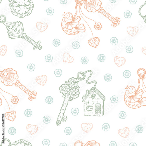 Hand drawn doodle lock, trinkets and keys - Vector Vintage Seamless pattern