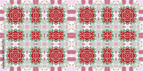 Seamless Christmas poinsettia retro border. Decorative ornament in seasonal red for December holiday washi tape. Winter botanical vintage scandi repeat ribbon. 