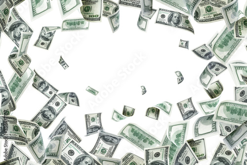 Hundred dollar bill. Falling money background. American cash.