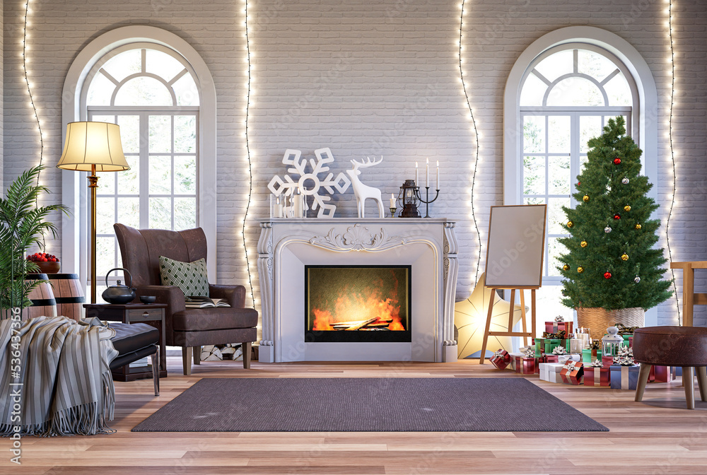 Classical style living room decorate with christmas tree 3d render,The room has white brick wall wooden floors decorated with luxury fireplace,The arched windows look out to the snow scene. Classical style living room decorate with christmas tree 3d render,The room has white brick wall wooden floors decorated with luxury fireplace,The arched windows look out to the snow scene.
