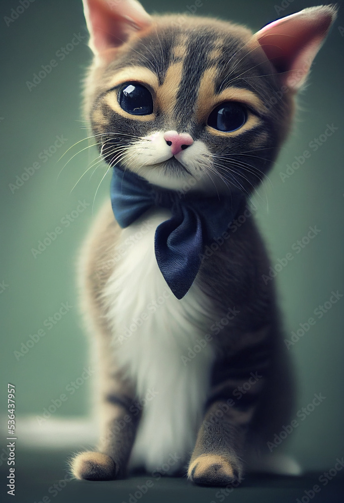 Cute cat with a bow and big eyes. Adorable fluffy kitten illustration 3D type. Cute cartoon cat with big eyes in a photography studio