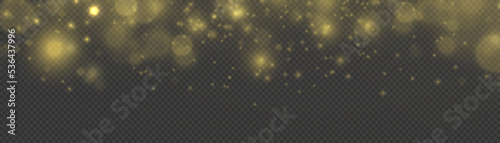 Blur yellow sparks and glitter special light effect. Fine, shiny bokeh dust particles fall off slightly. Defocused golden sparkle, stars and blurry spots. Magical gold flickering lights. Vector.