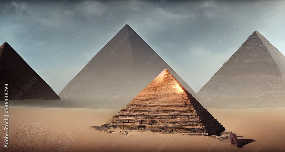 Illustration of four pyramids in the desert