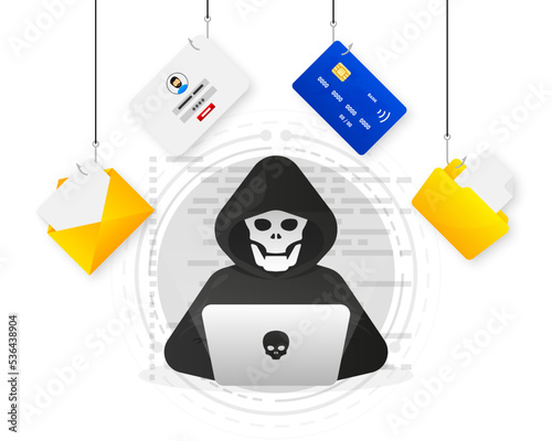 Hacker and Cyber criminals phishing stealing private personal data, user login, password, document, email and credit card. Vector illustration.
