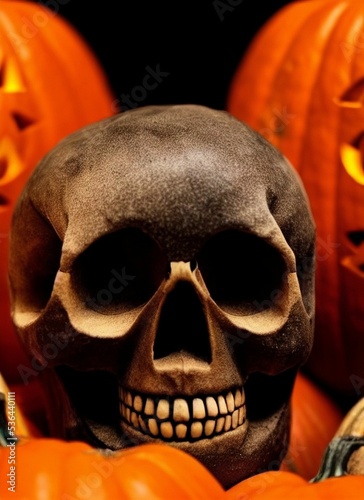 halloween photomontage, 3d rendering including pumpkins and skulls