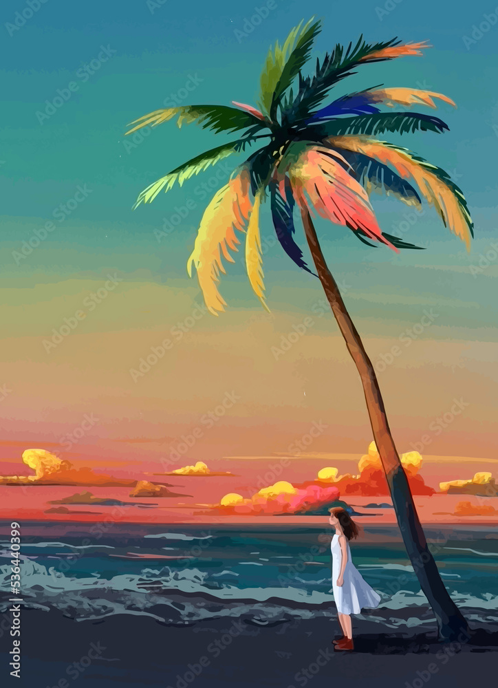 girl alone in beach under the palm tree anime digital art illustration  painting wallpaper Stock Illustration  Adobe Stock