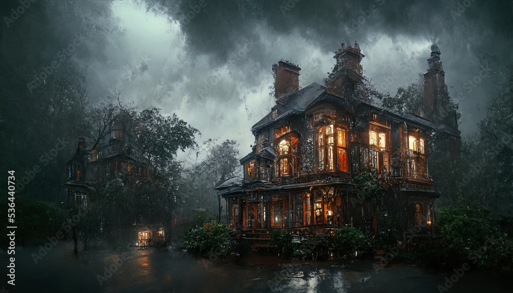 Dark house, dramatic weather with clouds, light in the window. Autumn landscape with a house and trees, fallen leaves, cold, rain. 3D illustration.
