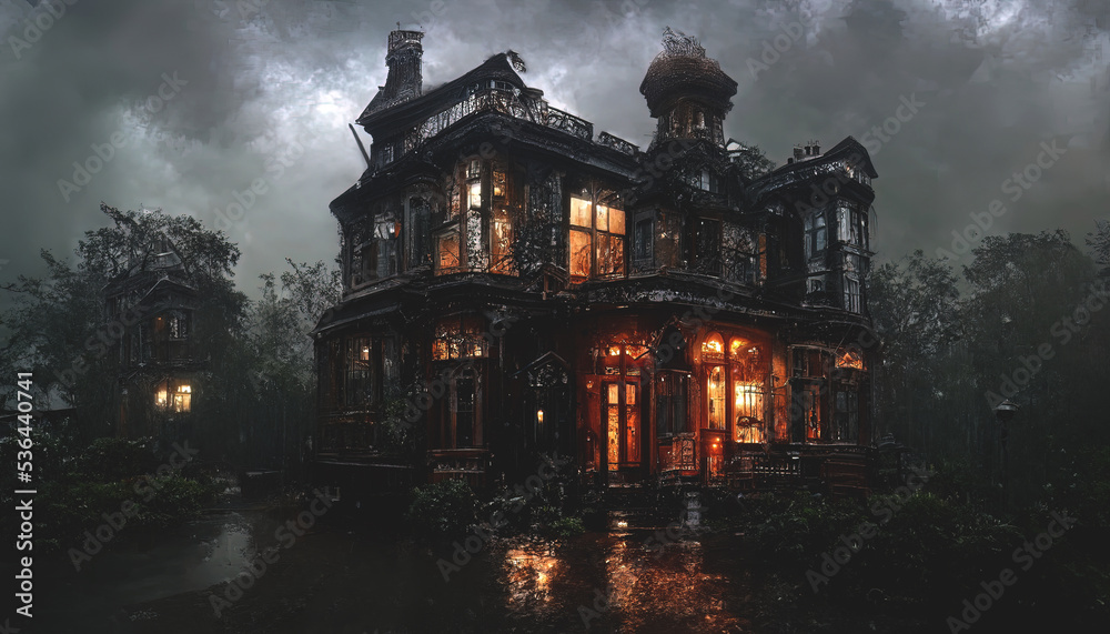 Dark house, dramatic weather with clouds, light in the window. Autumn landscape with a house and trees, fallen leaves, cold, rain. 3D illustration.